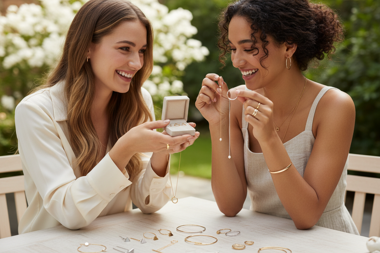 generate an image with a mix of hoops, stud and dangling earrings, elegant necklaces, all minimalists, rings, and a couple of beautiful girls sharing them as gifts 